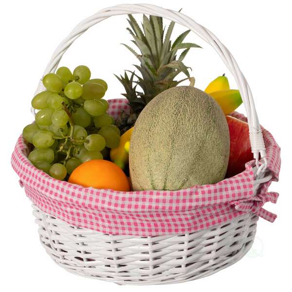 Wickerwise White Round Willow Gift Basket with Pink and White Gingham Liner and Sturdy Foldable Handles, Medium QI004620.PK.M